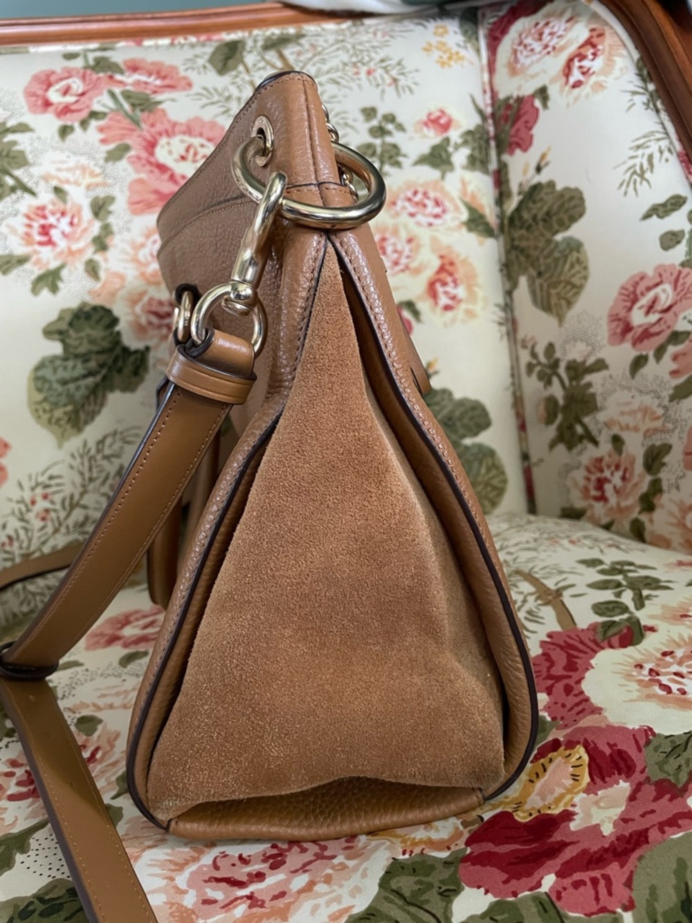 Coach Tan Pebbled Leather and Suede Satchel with Gold Hardware - Picture 4 of 7